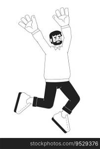 Overjoyed european man on cloud nine monochromatic flat vector character. Man raising arms up. Editable thin line full body person on white. Simple bw cartoon spot image for web graphic design. Overjoyed european man on cloud nine monochromatic flat vector character