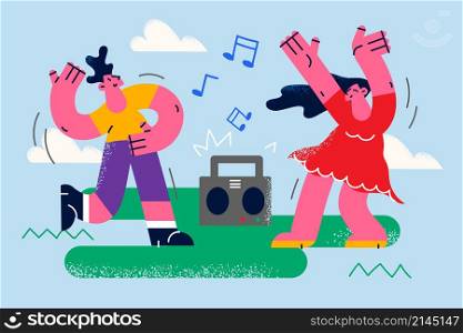 Overjoyed friends have fun dancing together to music in old stereo. Happy diverse man and woman relax rest enjoy dancing outdoors listening to radio on recorder. Flat vector illustration. . Happy friends dance listen to music on stereo