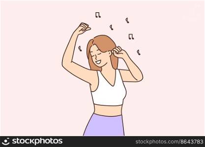 Overjoyed girl have fun dancing listening to nice music. Smiling young woman make dance moves. Hobby and entertainment. Vector illustration. . Smiling girl dancing to music 