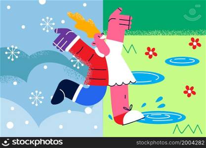 Overjoyed girl in different clothes walk in various seasons. Happy woman wear garment on weather change. Seasonal clothing, style and fashion concept. Vector illustration, cartoon character. . Happy girl in different clothes walk in various seasons