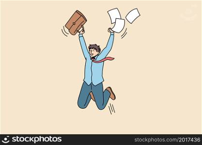 Overjoyed guy student jump with paperwork excited with high exam mark or test pass. Smiling man employee triumph get promotion news from work. Success, achievement concept. Vector illustration.. Excited guy jump overjoyed with good paper news