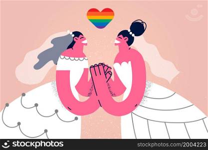 Overjoyed lesbian brides in gowns celebrate wedding together. Happy women fiancees in dresses have homosexual marriage or engagement party. Gay pride, diversity. Vector illustration. . Happy lesbian brides celebrate homosexual wedding