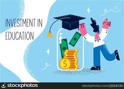 Overjoyed man collect money make savings in jar for future education in university or college. Smiling guy save finance for studying. Good banking program. Investment concept. Vector illustration. . Smiling guy save money for future education purposes