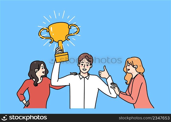Overjoyed man employee with golden trophy in hands feel confident winning. Smiling women attracted to successful businessman holding award. Success and victory. Vector illustration. . Women attracted to successful man with trophy in hands