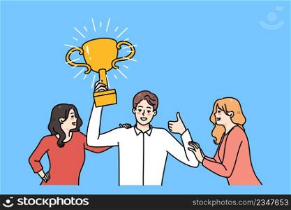 Overjoyed man employee with golden trophy in hands feel confident winning. Smiling women attracted to successful businessman holding award. Success and victory. Vector illustration. . Women attracted to successful man with trophy in hands