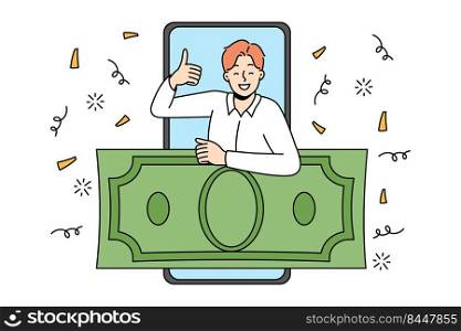 Overjoyed man on cellphone screen show thumb up excited with online money prize. Smiling male winner recommend internet lottery. Shopping bonus or reward. Vector illustration.. Excited man happy with online win