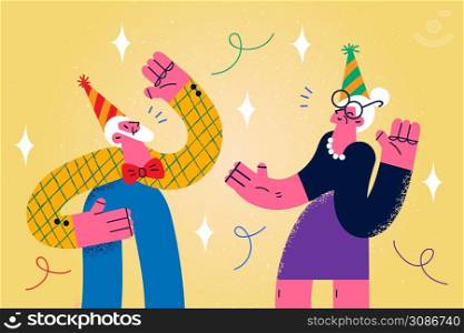 Overjoyed old grandparents in hats have fun celebrate anniversary together. Smiling mature man and woman dance enjoy party or celebration. Active funny maturity. Vector illustration. . Happy old grandparents have fun celebrating together