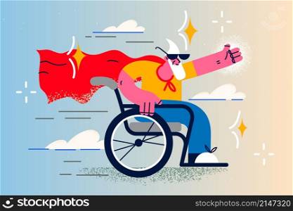 Overjoyed old man in wheelchair feel joyful and happy with life. Smiling positive senior male with disability satisfied with maturity. Positive attitude and mood. Flat vector illustration. . Overjoyed senior man with disability feel happy