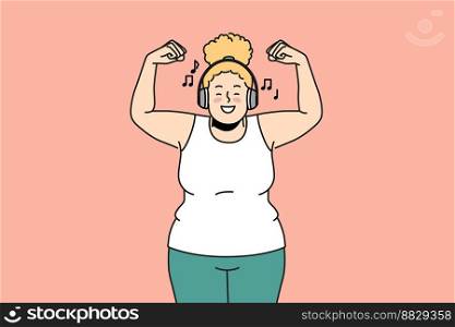 Overjoyed overweight woman in headphones listen to music do sports. Smiling fat girl in earphones enjoy good quality sound training. Vector illustration. . Overjoyed fat woman training listening to music