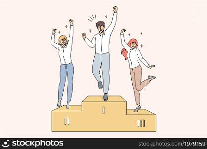 Overjoyed people winners stand on podium celebrate victory in competition or tournament. Happy men and women excited with win, rank top get first places. Recognition. Success. Vector illustration. . Overjoyed people celebrate top places in competition
