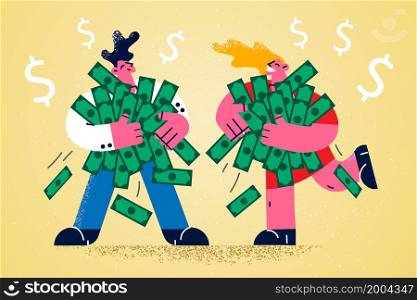 Overjoyed people with stacks of money excited with lottery win or victory. Happy man and woman with cash piles get good dividend from successful investment. Finance concept. Vector illustration. . Overjoyed people with stacks of money get dividend