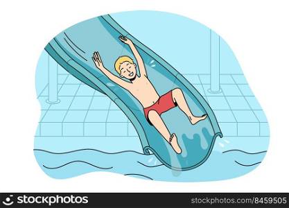 Overjoyed small boy riding from slide in aqua park. Smiling kid have fun enjoy water outdoor attractions in water park. Summer vacation. Vector illustration.. Happy boy riding from slide in water park
