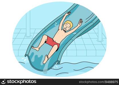 Overjoyed small boy riding from slide in aqua park. Smiling kid have fun enjoy water outdoor attractions in water park. Summer vacation. Vector illustration.. Happy boy riding from slide in water park
