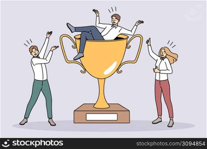 Overjoyed team with huge golden trophy celebrate shared business win or success. Happy businesspeople with award rejoice triumph with career accomplishment. Teamwork. Vector illustration. . Overjoyed team with trophy celebrate success