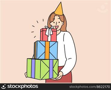 Overjoyed woman with stack of presents celebrate birthday anniversary. Smiling female with pile of gifts have fun on party. Vector illustration. . Overjoyed woman with stack of presents 