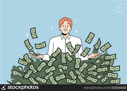 Overjoyed young businessman in stack of dollar banknotes celebrate financial success or investment. Happy man millionaire excited with money pile win lottery. Wealth and stability. Vector. . Smiling businessman in dollar banknotes pile