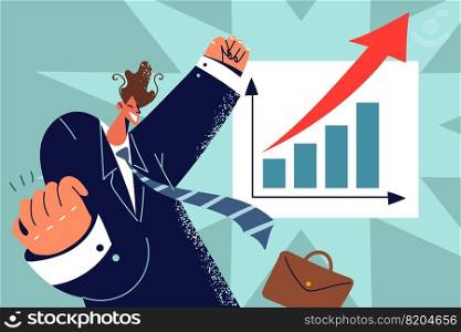 Overjoyed young businessman in suit excited with financial graph going up. Smiling male employee celebrate financial success and growth. Vector illustration.. Smiling businessman celebrate financial growth