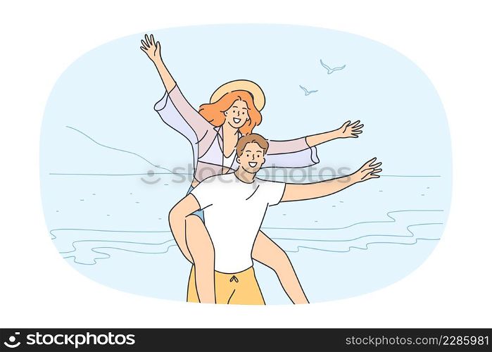 Overjoyed young couple have fun relax on beach enjoy summer holidays together. Smiling woman piggyback excited man lover spend vacation on sea or ocean. Flat vector illustration. . Happy couple have fun enjoy summer vacation on sea