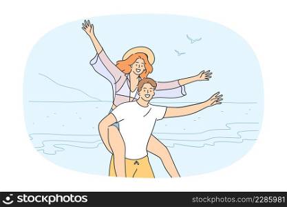 Overjoyed young couple have fun relax on beach enjoy summer holidays together. Smiling woman piggyback excited man lover spend vacation on sea or ocean. Flat vector illustration. . Happy couple have fun enjoy summer vacation on sea