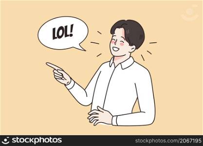 Overjoyed young man have fun laugh at funny hilarious joke. Happy millennia guy smile giggle at anecdote. LOL concept. Joker and humor representation. Vector illustration, cartoon character. . Overjoyed man laugh at funny joke