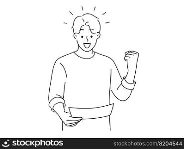 Overjoyed young man look at paper make yes hand gesture excited with good result. Smiling guy triumph with message in paperwork or document. Vector illustration. . Excited man triumph with good news in paper 