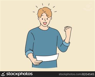 Overjoyed young man look at paper make yes hand gesture excited with good result. Smiling guy triumph with message in paperwork or document. Vector illustration.. Excited man triumph with good news in paper
