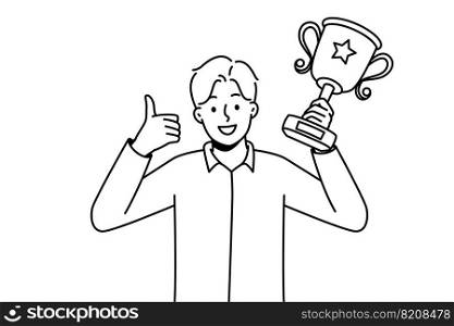 Overjoyed young man with gold prize in hands celebrate win. Smiling businessman with golden award or trophy show thumb up. Vector illustration. . Smiling man with golden prize in hands