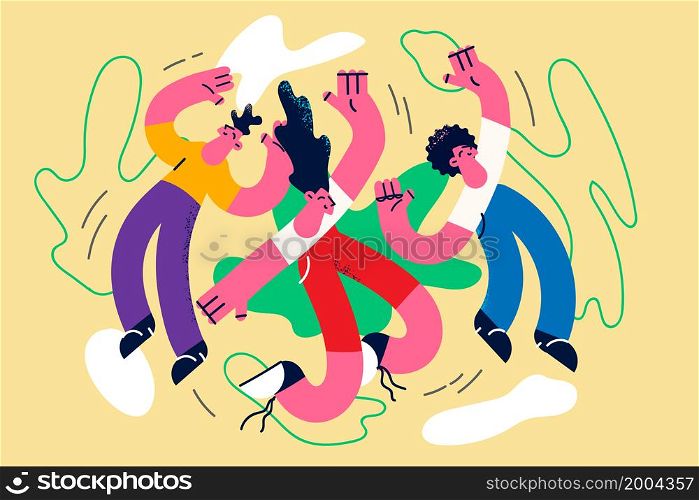 Overjoyed young people have fun dance on party together. Happy friends rest relax enjoy celebration in group. Recreation and relaxation. Entertainment concept. Flat vector illustration. . Overjoyed people have fun dancing on party