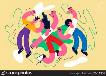 Overjoyed young people have fun dance on party together. Happy friends rest relax enjoy celebration in group. Recreation and relaxation. Entertainment concept. Flat vector illustration. . Overjoyed people have fun dancing on party
