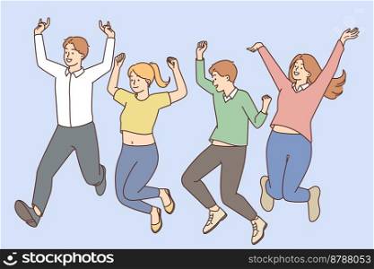 Overjoyed young people jump together celebrate success or victory. Smiling men and women have fun enjoy Friday night. Win and celebration. Vector illustration. . Overjoyed young people jump celebrate success