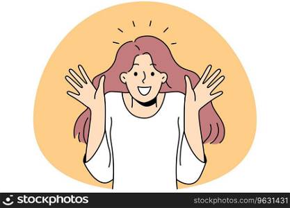 Overjoyed young woman feel astonished and surprised. Smiling girl feeling shocked and stunned with emotions. Vector illustration.. Happy woman feel shocked and stunned