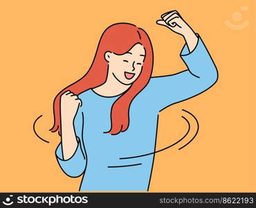 Overjoyed young woman feel excited with good news. Smiling girl celebrate success or win. Victory and promotion. Vector illustration. . Overjoyed woman celebrate success