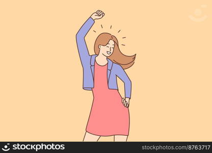 Overjoyed young woman feel joyful dancing at party. Smiling millennial girl in dress have fun make moves celebrate win or success. Vector illustration. . Smiling woman feel excited dancing 