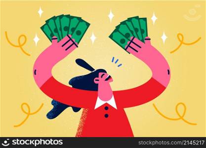 Overjoyed young woman hold dollar banknotes in hands excited with lottery win. Smiling female get dividend from successful investment or funding. Wealth and finance. Flat vector illustration. . Happy woman hold money in hands