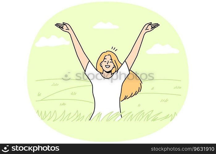 Overjoyed young woman in field feeling joyful and optimistic. Smiling girl relax in summer meadow enjoy mental health and optimism. Vector illustration.. Smiling woman feeling optimistic in summer field