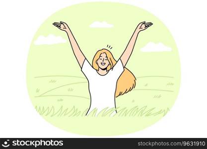 Overjoyed young woman in field feeling joyful and optimistic. Smiling girl relax in summer meadow enjoy mental health and optimism. Vector illustration.. Smiling woman feeling optimistic in summer field