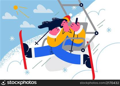 Overjoyed young woman in outerwear enjoy winter holidays in mountains. Smiling girl relax rest on vacation skiing on resort. Relaxation and recreation. Flat vector illustration. . Happy woman relax on holidays skiing in mountains