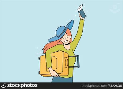Overjoyed young woman in sun hat hold suitcase and flight ticket excited about travel or trip. Smiling girl ready for summer adventure or vacation. Tourism concept. Vector illustration.. Overjoyed woman excited about summer vacation 