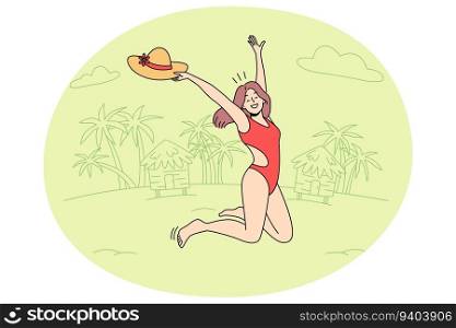 Overjoyed young woman in swimsuit jumping on beach enjoying summer vacation. Happy girl in bikini excited with summertime holidays. Vector illustration.. Happy woman in swimsuit jumping on beach