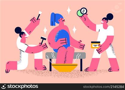 Overjoyed young woman in towel enjoy relaxation day in spa or saloon. Smiling female relax rest in beauty salon with professional beautician and cosmetologist. Flat vector illustration. . Happy woman enjoy spa day in saloon