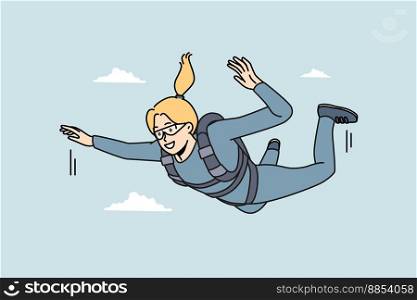 Overjoyed young woman in uniform flying in sky jumping with parachute. Smiling girl engaged in extreme activity. Sport and hobby. Vector illustration. . Overjoyed woman jump with parachute 