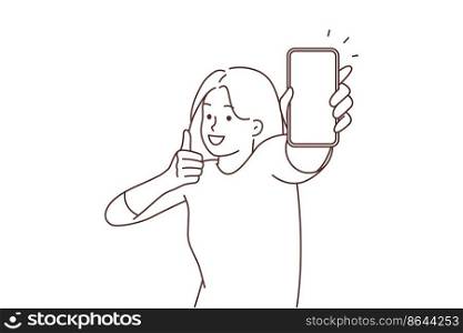 Overjoyed young woman showing mockup cellphone screen with thumb up gesture. Smiling girl demonstrate empty screen on smartphone. Recommendation. Vector illustration. Copy space. . Smiling woman show mockup cellphone screen 