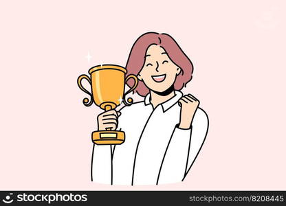 Overjoyed young woman with gold trophy in hands celebrate win or victory. Smiling businesswoman with golden prize excited with personal achievement or success. Vector illustration. . Smiling woman with gold trophy in hands 