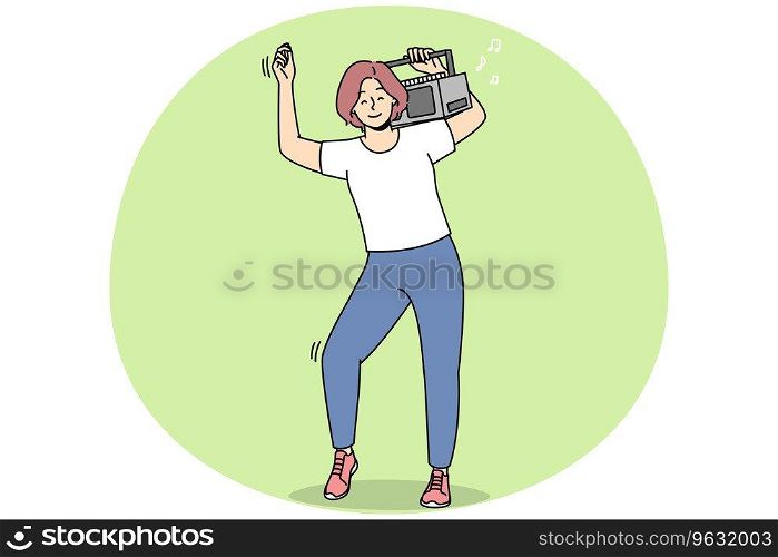 Overjoyed young woman with stereo on shoulder dancing and having fun. Smiling girl enjoy music on boombox device. Vector illustration.. Overjoyed woman dance with stereo on shoulder