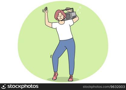 Overjoyed young woman with stereo on shoulder dancing and having fun. Smiling girl enjoy music on boombox device. Vector illustration.. Overjoyed woman dance with stereo on shoulder