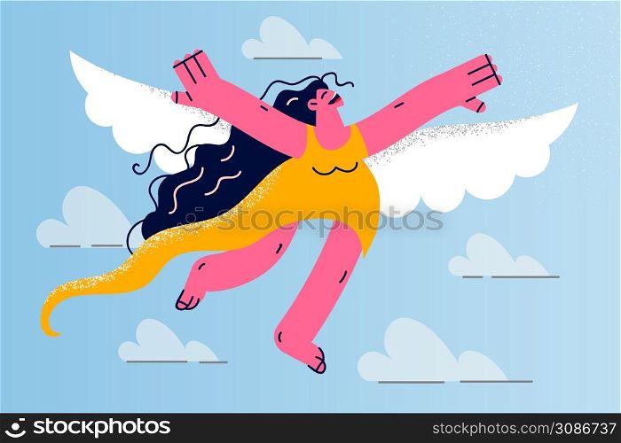 Overjoyed young woman with wings flying in sky dreaming or imagining. Smiling millennial girl dreamer involved in imagination and daydreaming. Flat vector illustration, cartoon character. . Happy woman with wings flying in sky