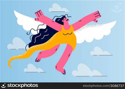 Overjoyed young woman with wings flying in sky dreaming or imagining. Smiling millennial girl dreamer involved in imagination and daydreaming. Flat vector illustration, cartoon character. . Happy woman with wings flying in sky