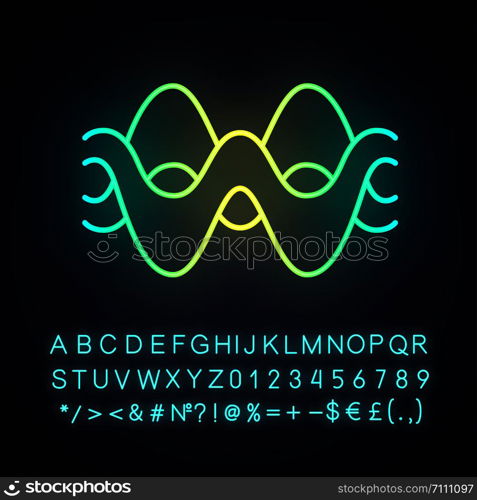 Overlapping waves neon light icon. Abstract energy, synergy flow waveform. Fluid, organic waves, soundwaves. Glowing sign with alphabet, numbers and symbols. Vector isolated illustration