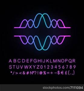 Overlapping waves neon light icon. Voice recording, radio signal. Abstract music frequency level. Noise, vibration amplitude. Glowing sign with alphabet, numbers, symbols. Vector isolated illustration