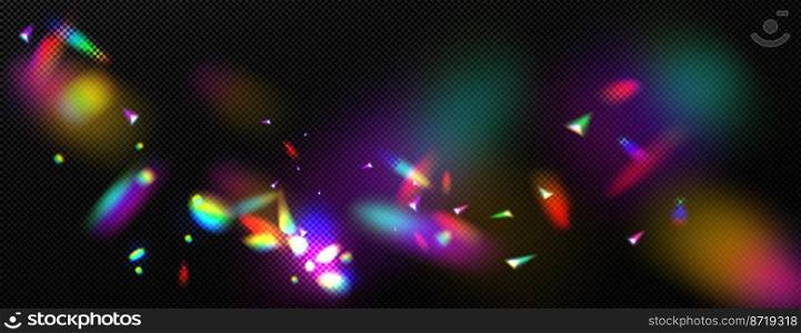 Overlay rainbow effect, prism crystal light refraction. Lens flare, glass, jewelry or gem stone blurred reflection glare, optical physics effect on black background, Realistic 3d vector illustration. overlay rainbow effect, crystal light refraction